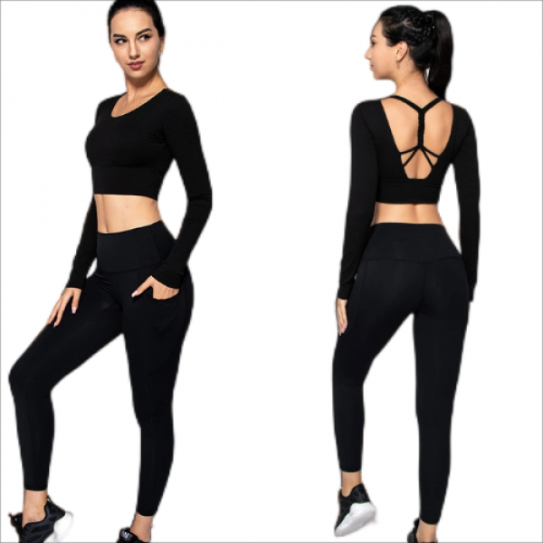 Women Two Piece Yoga Active Wear Long Sleeve Crop Top Fitness Set